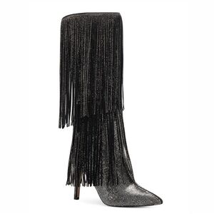 INC Ishani Tall Pointed Toe Knee High Shimmer Glitter Frayed Fringe Cowboy Boots